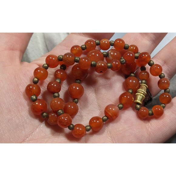 Vintage Polished Carnelian Beaded Necklace With Gold Tone Accent Beads - Picture 5 of 6